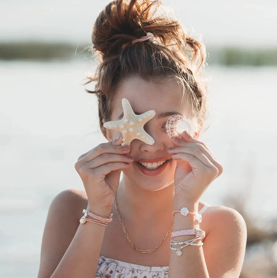 "Shimmer" Coral with Shell Hair Tie Bracelets