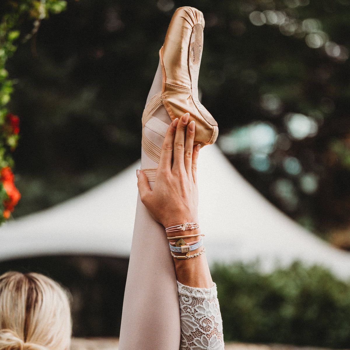 "Relevé" Pink Floral with Ballet Slipper Hair Tie Bracelets