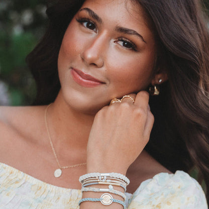 "Wonder" Soft Creams & Blues with Pearls & Gold Hair Tie Bracelets