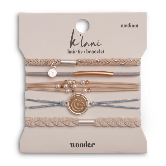 "Wonder" Soft Creams & Blues with Pearls & Gold Hair Tie Bracelets